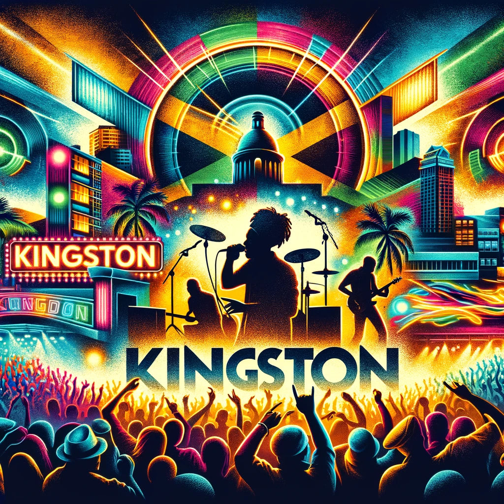 Image of a lively music venue in Kingston, Jamaica, with a live band performing on stage and a crowd enjoying the music.