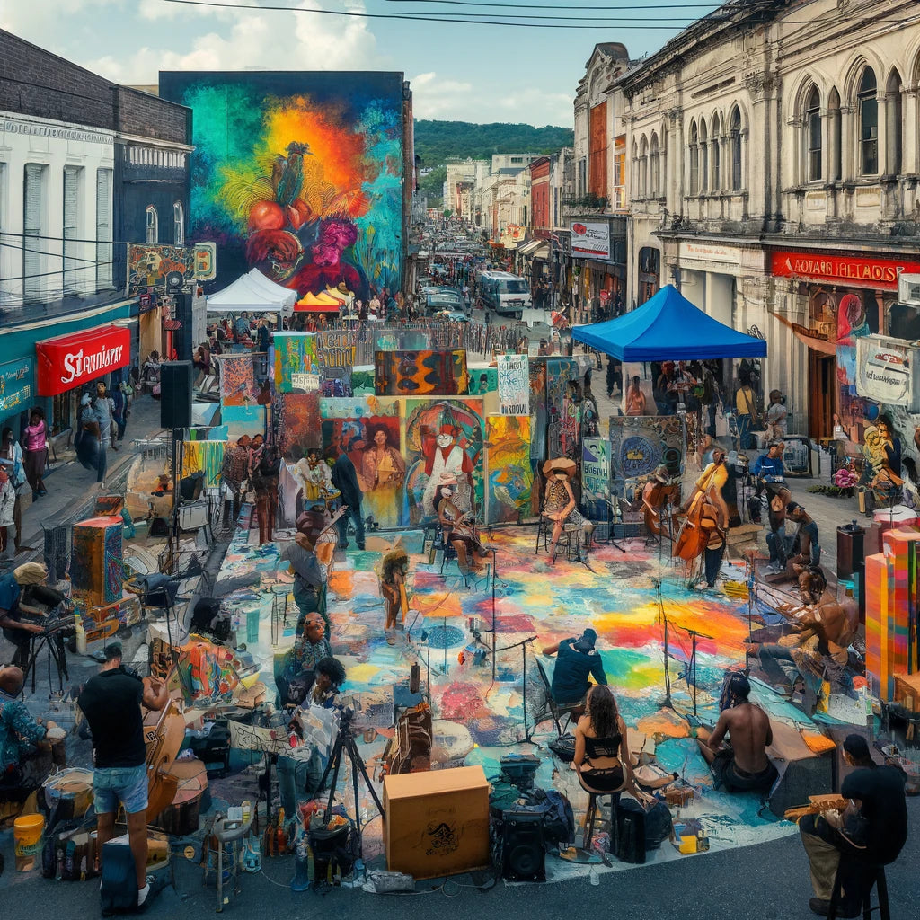 Image of an art gallery in Kingston, Jamaica, featuring colorful paintings and sculptures by local artists.